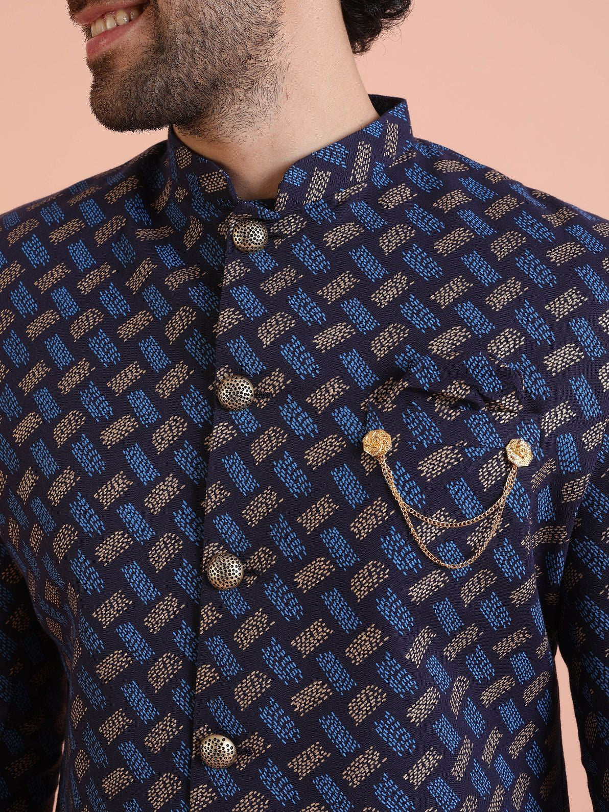 Navy Blue Pure Cotton Printed Sherwani Wide Leg Trouser Set