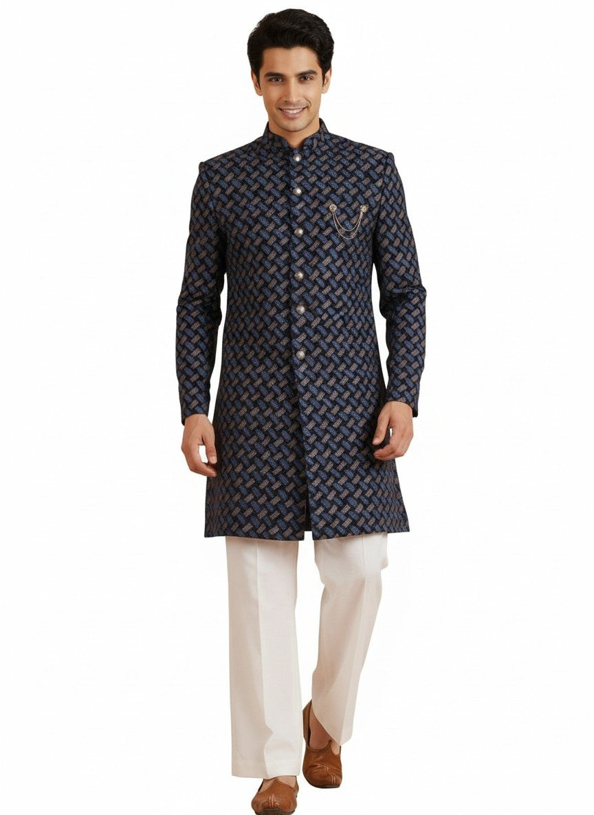 Navy Blue Pure Cotton Printed Sherwani Wide Leg Trouser Set