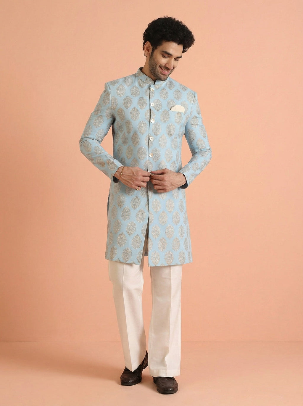 Sky Blue Pure Cotton Printed Sherwani Wide Leg Trouser Set