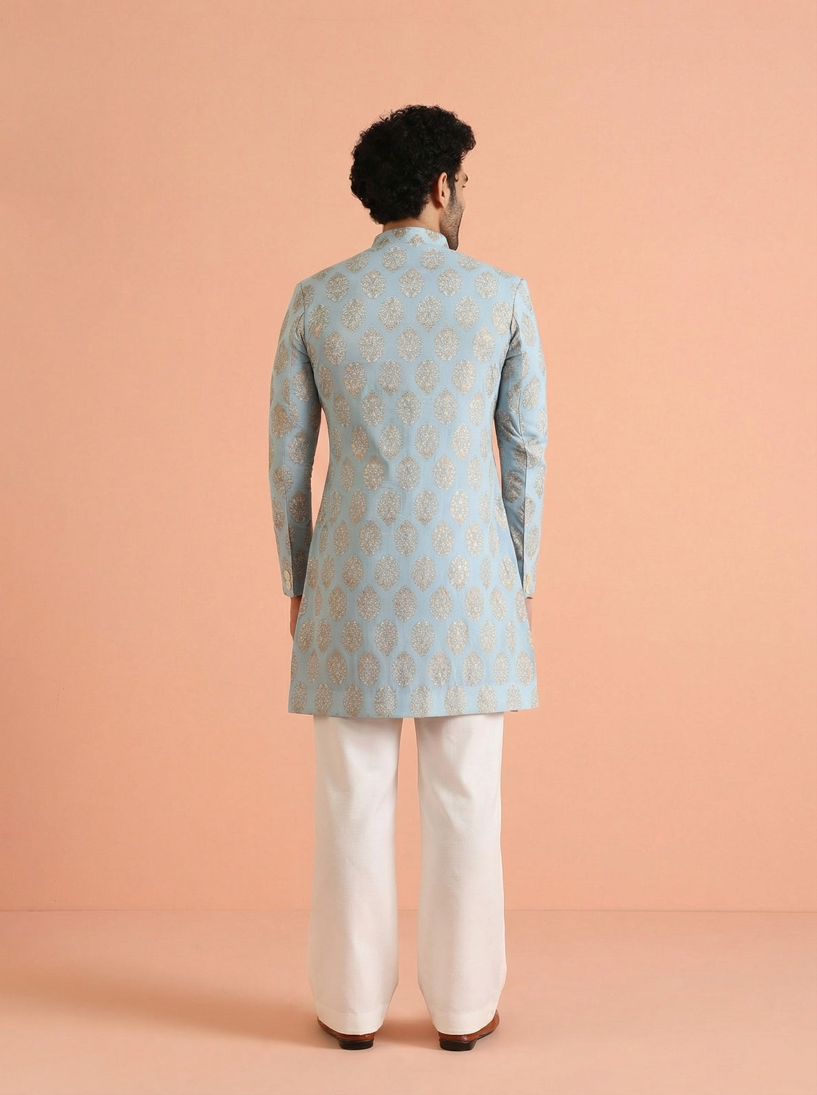 Sky Blue Pure Cotton Printed Sherwani Wide Leg Trouser Set