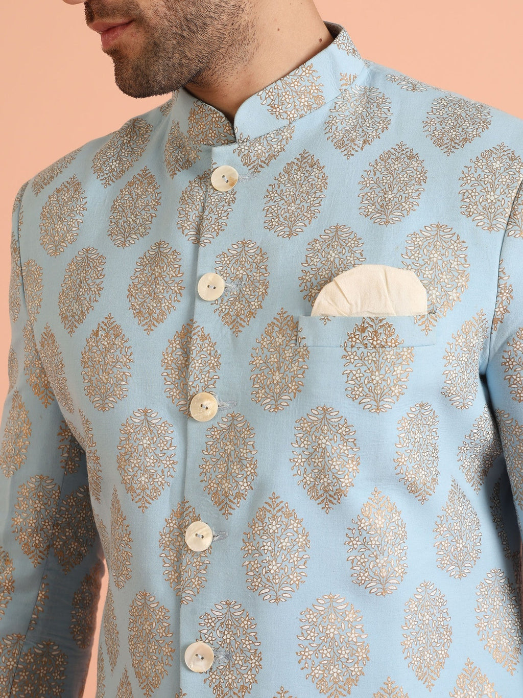 Sky Blue Pure Cotton Printed Sherwani Wide Leg Trouser Set