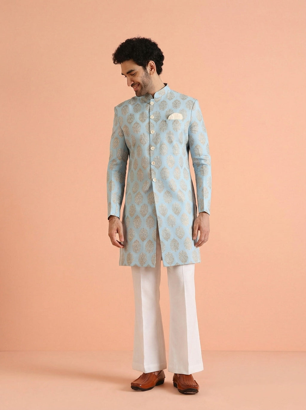 Sky Blue Pure Cotton Printed Sherwani Wide Leg Trouser Set