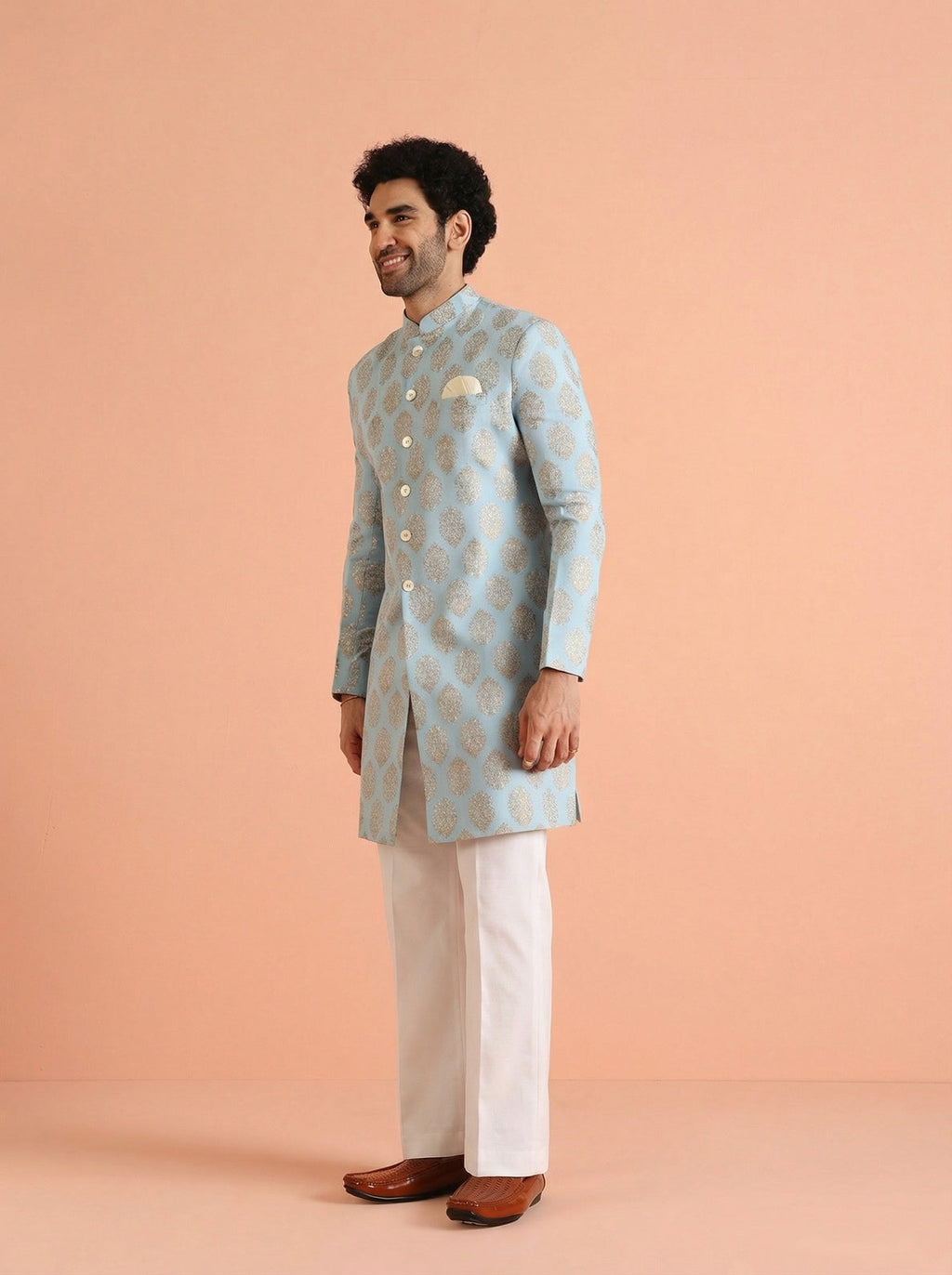 Sky Blue Pure Cotton Printed Sherwani Wide Leg Trouser Set