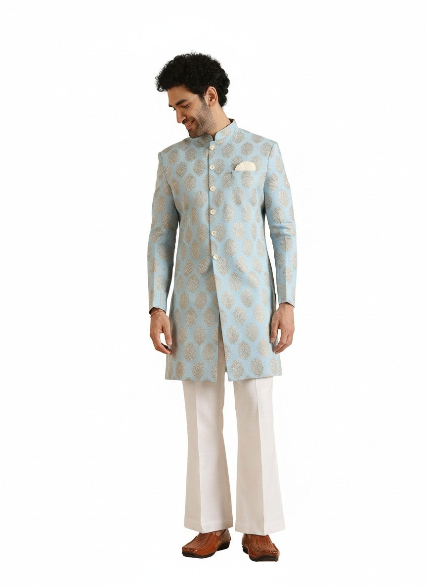 Sky Blue Pure Cotton Printed Sherwani Wide Leg Trouser Set