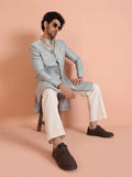 Blue Silk Blend Jacquard Sherwani Wide Leg Trouser Set