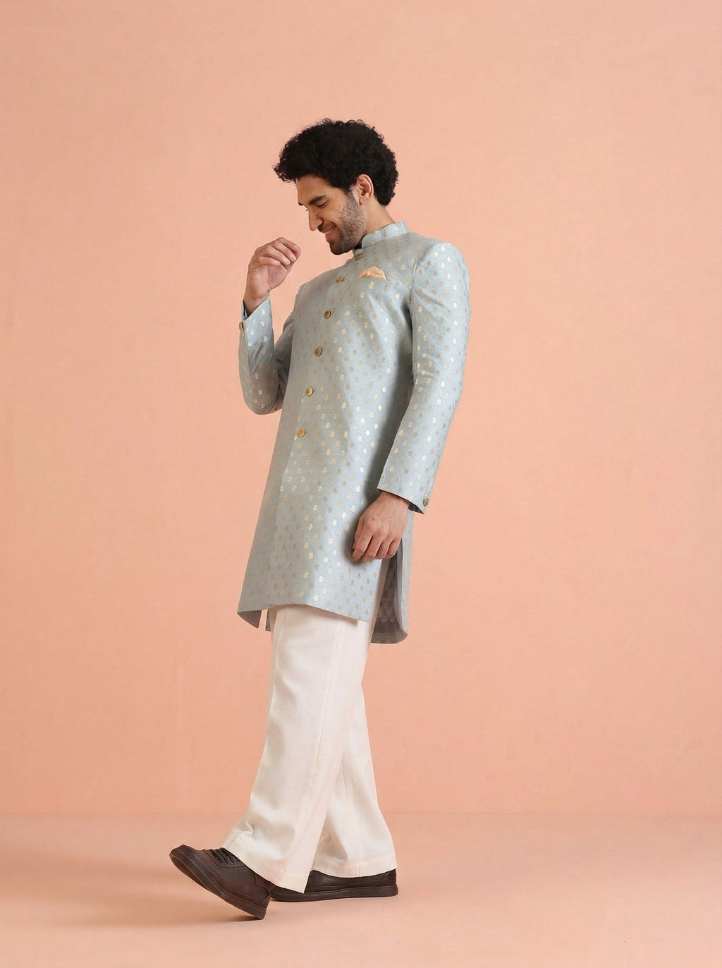 Blue Silk Blend Jacquard Sherwani Wide Leg Trouser Set