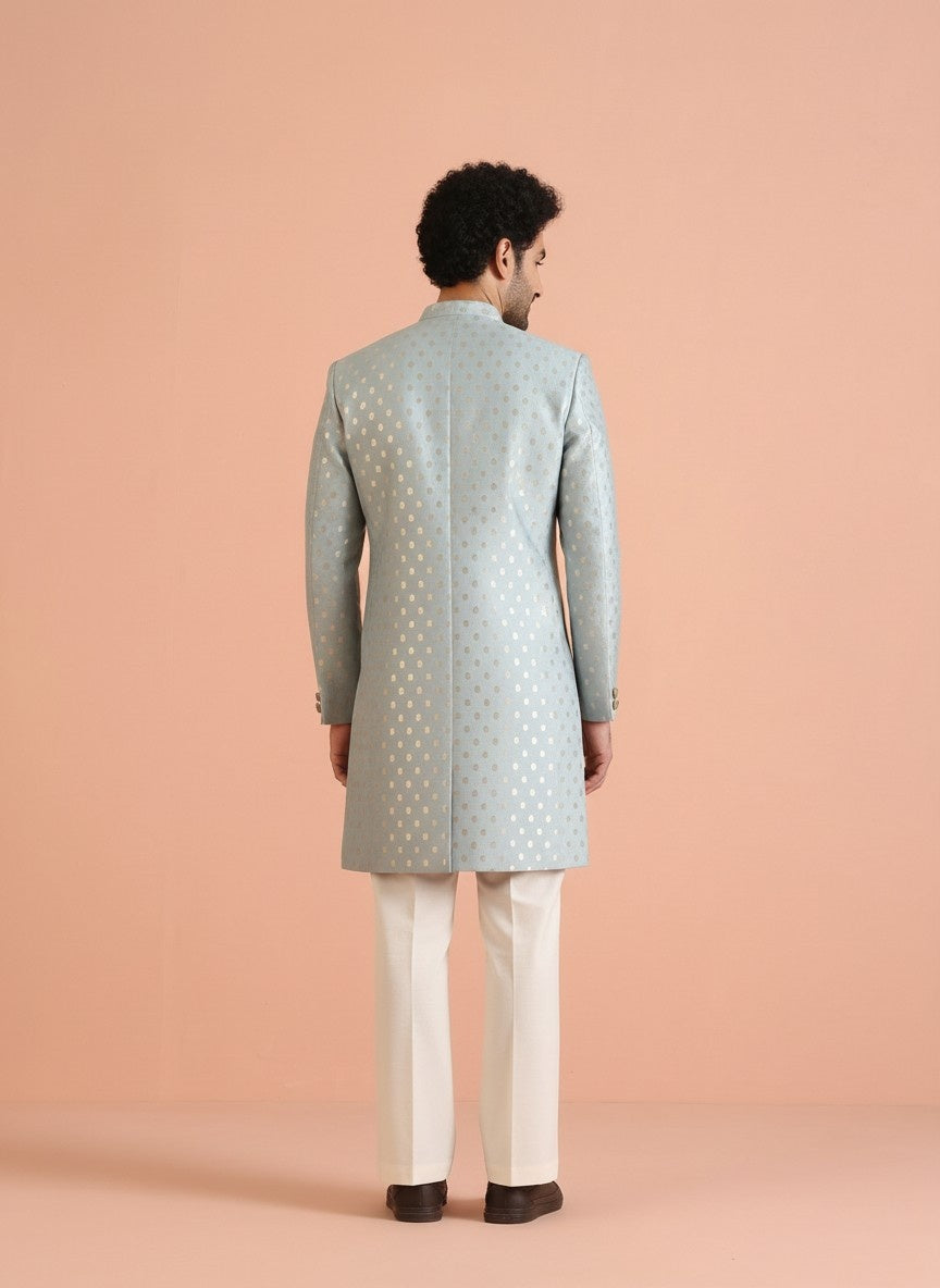 Blue Silk Blend Jacquard Sherwani Wide Leg Trouser Set