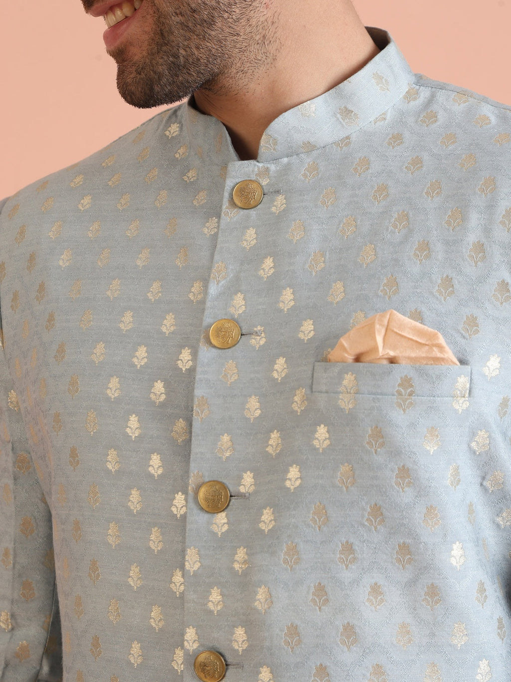 Blue Silk Blend Jacquard Sherwani Wide Leg Trouser Set