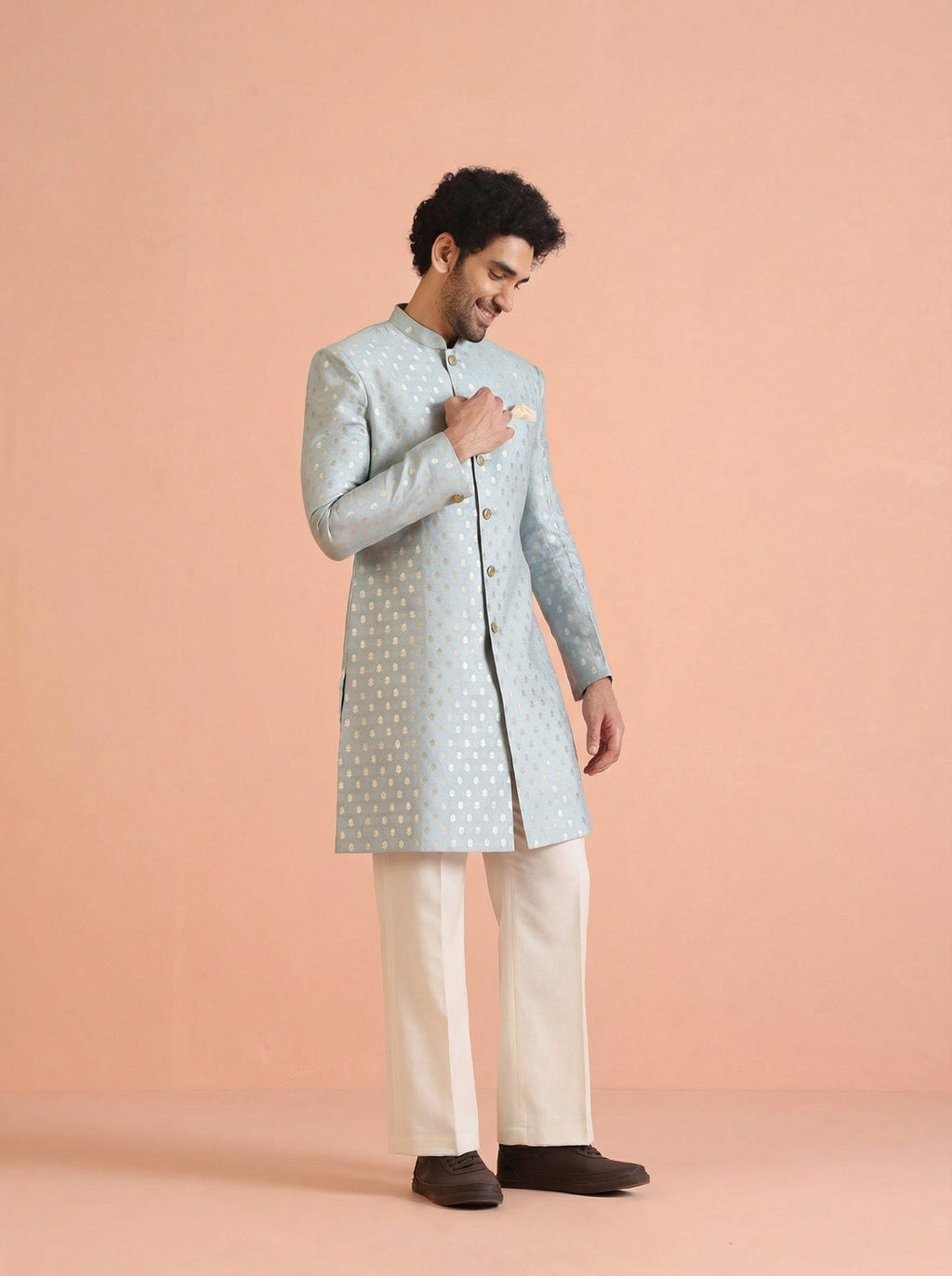 Blue Silk Blend Jacquard Sherwani Wide Leg Trouser Set
