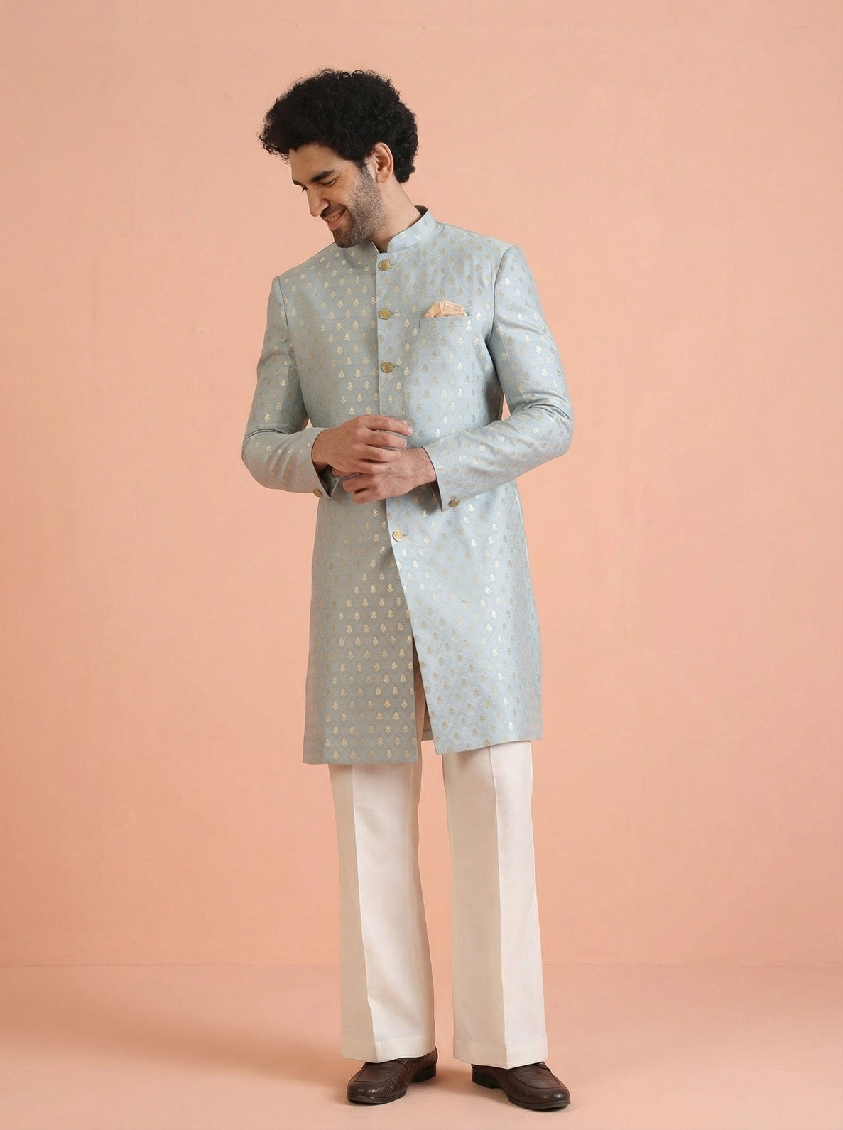 Blue Silk Blend Jacquard Sherwani Wide Leg Trouser Set