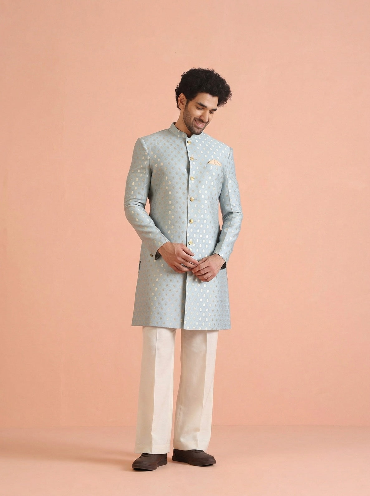 Blue Silk Blend Jacquard Sherwani Wide Leg Trouser Set