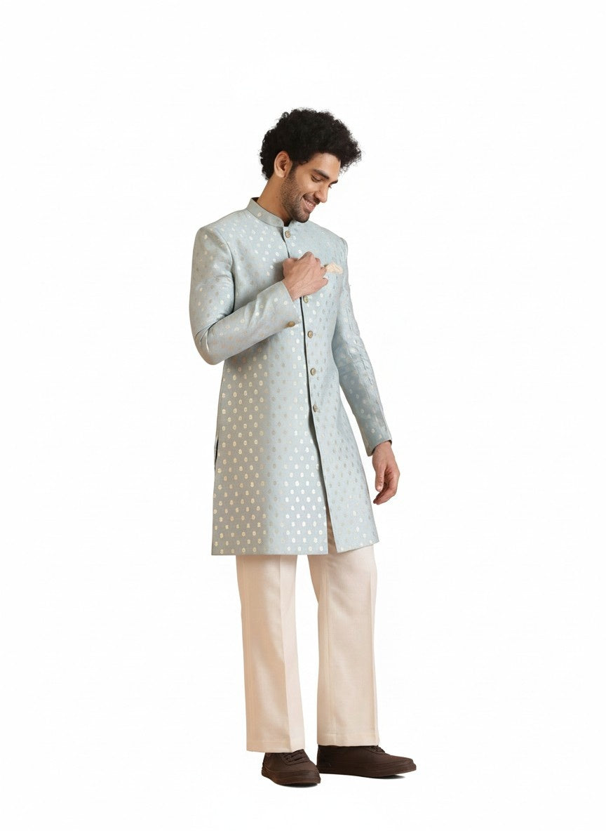 Blue Silk Blend Jacquard Sherwani Wide Leg Trouser Set