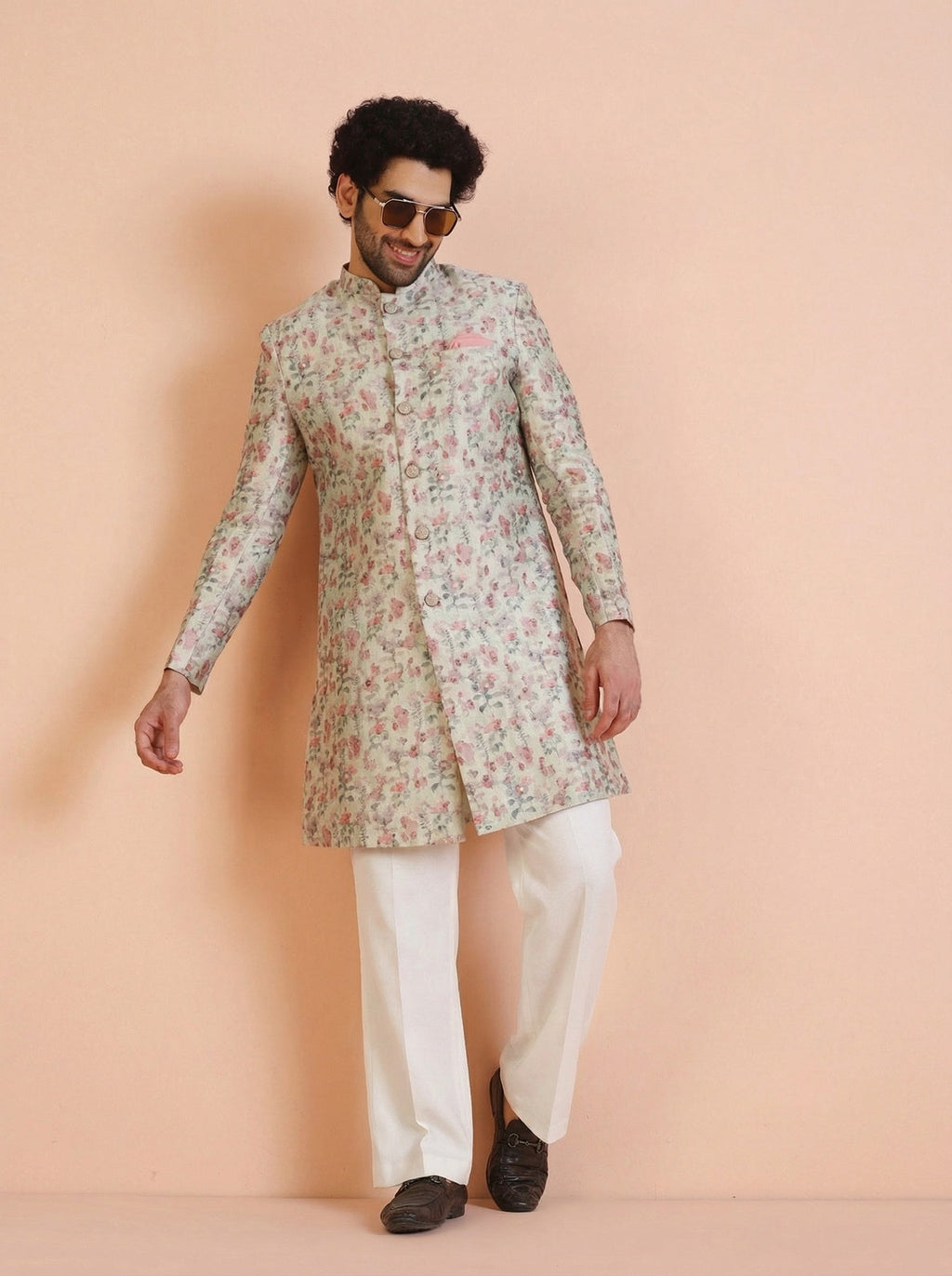 Multicolour Silk Blend Jacquard Sherwani Wide Leg Trouser Set