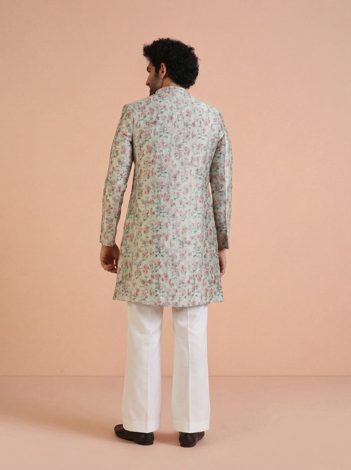 Multicolour Silk Blend Jacquard Sherwani Wide Leg Trouser Set