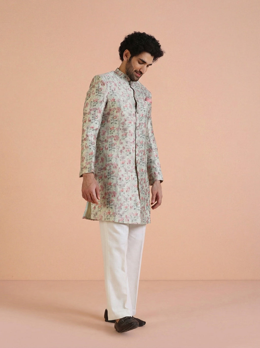 Multicolour Silk Blend Jacquard Sherwani Wide Leg Trouser Set