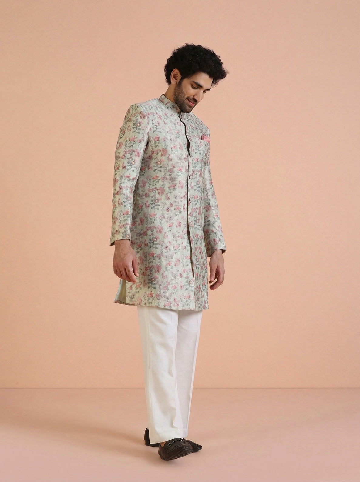 Multicolour Silk Blend Jacquard Sherwani Wide Leg Trouser Set