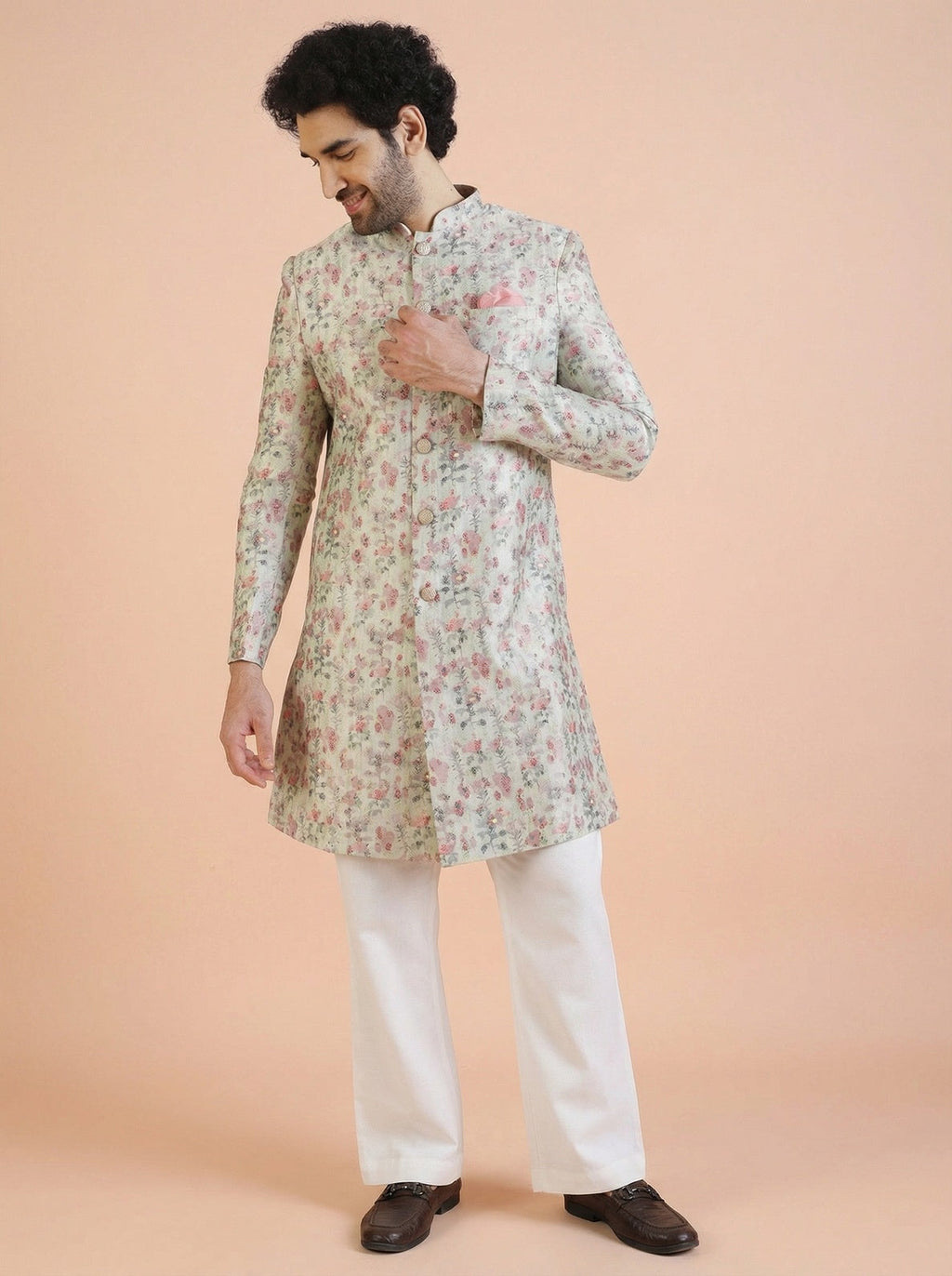 Multicolour Silk Blend Jacquard Sherwani Wide Leg Trouser Set