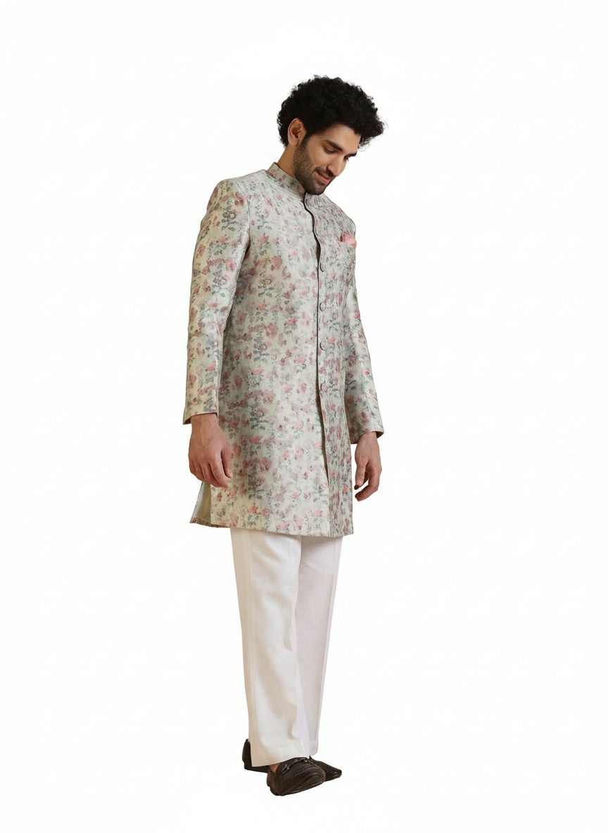 Multicolour Silk Blend Jacquard Sherwani Wide Leg Trouser Set