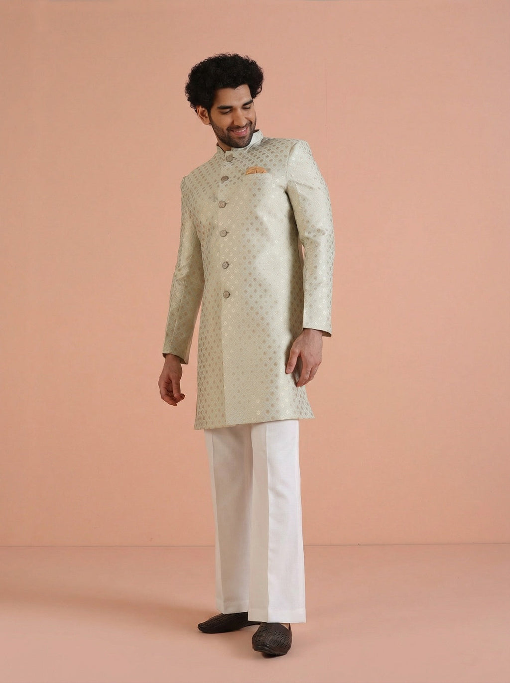 Mint Green Silk Blend Jacquard Sherwani Wide Leg Trouser Set