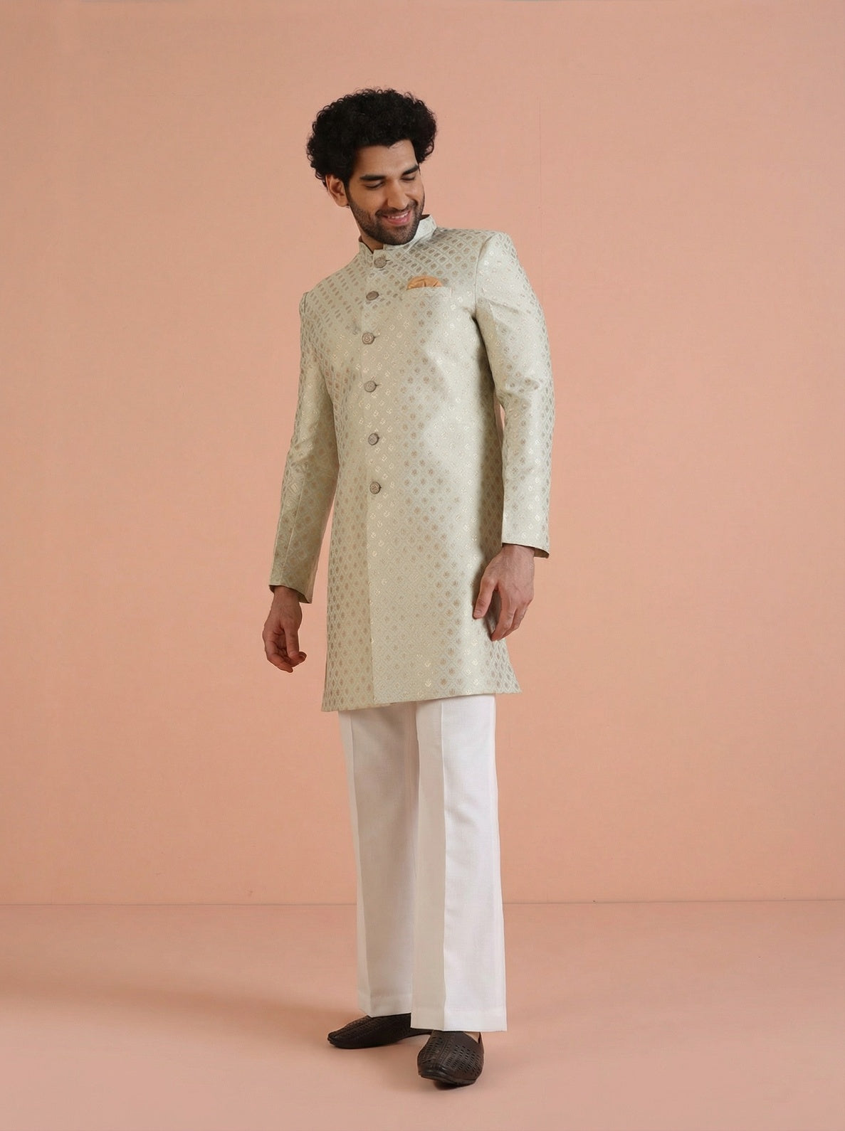 Mint Green Silk Blend Jacquard Sherwani Wide Leg Trouser Set