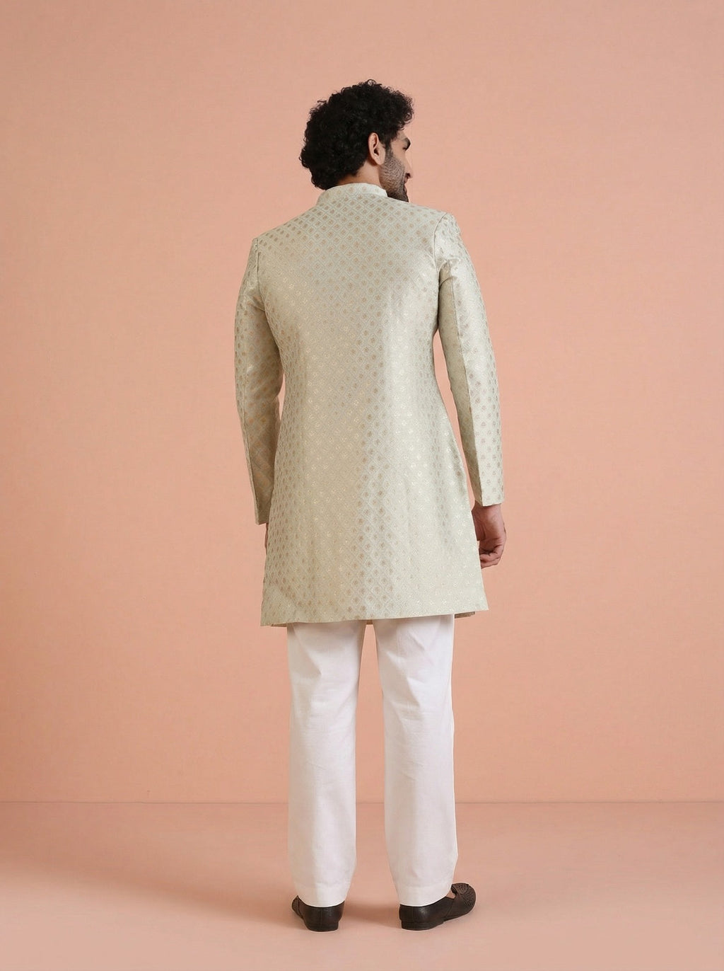 Mint Green Silk Blend Jacquard Sherwani Wide Leg Trouser Set