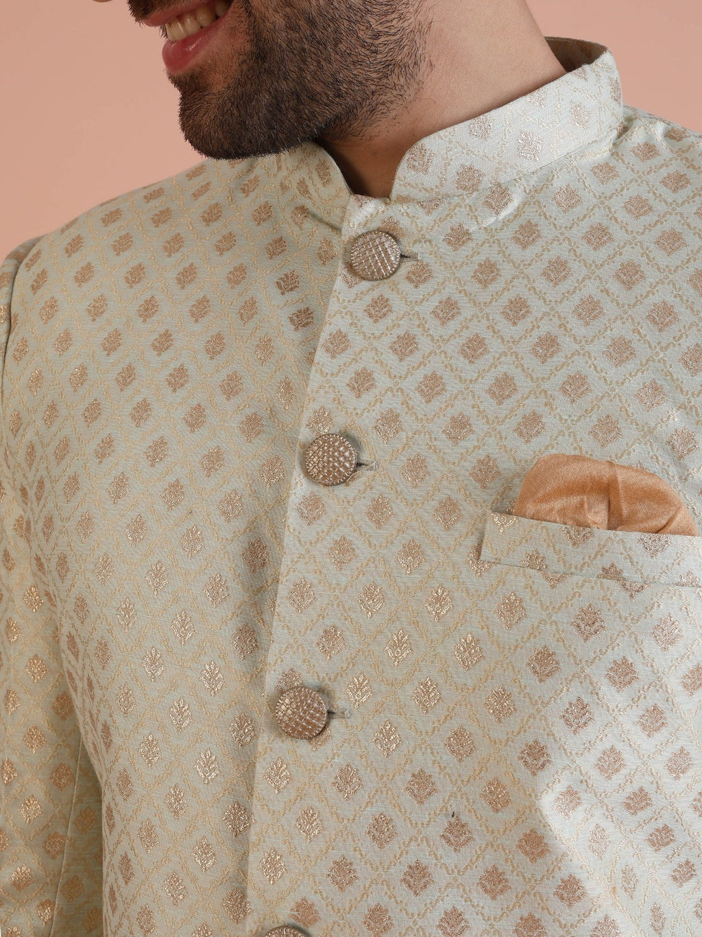 Mint Green Silk Blend Jacquard Sherwani Wide Leg Trouser Set