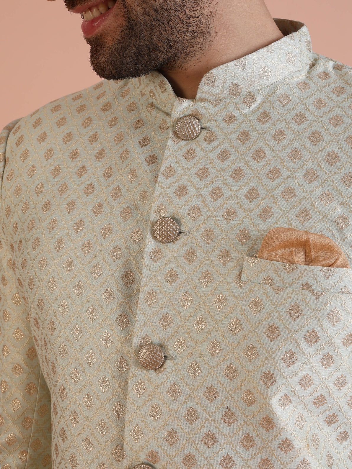 Mint Green Silk Blend Jacquard Sherwani Wide Leg Trouser Set