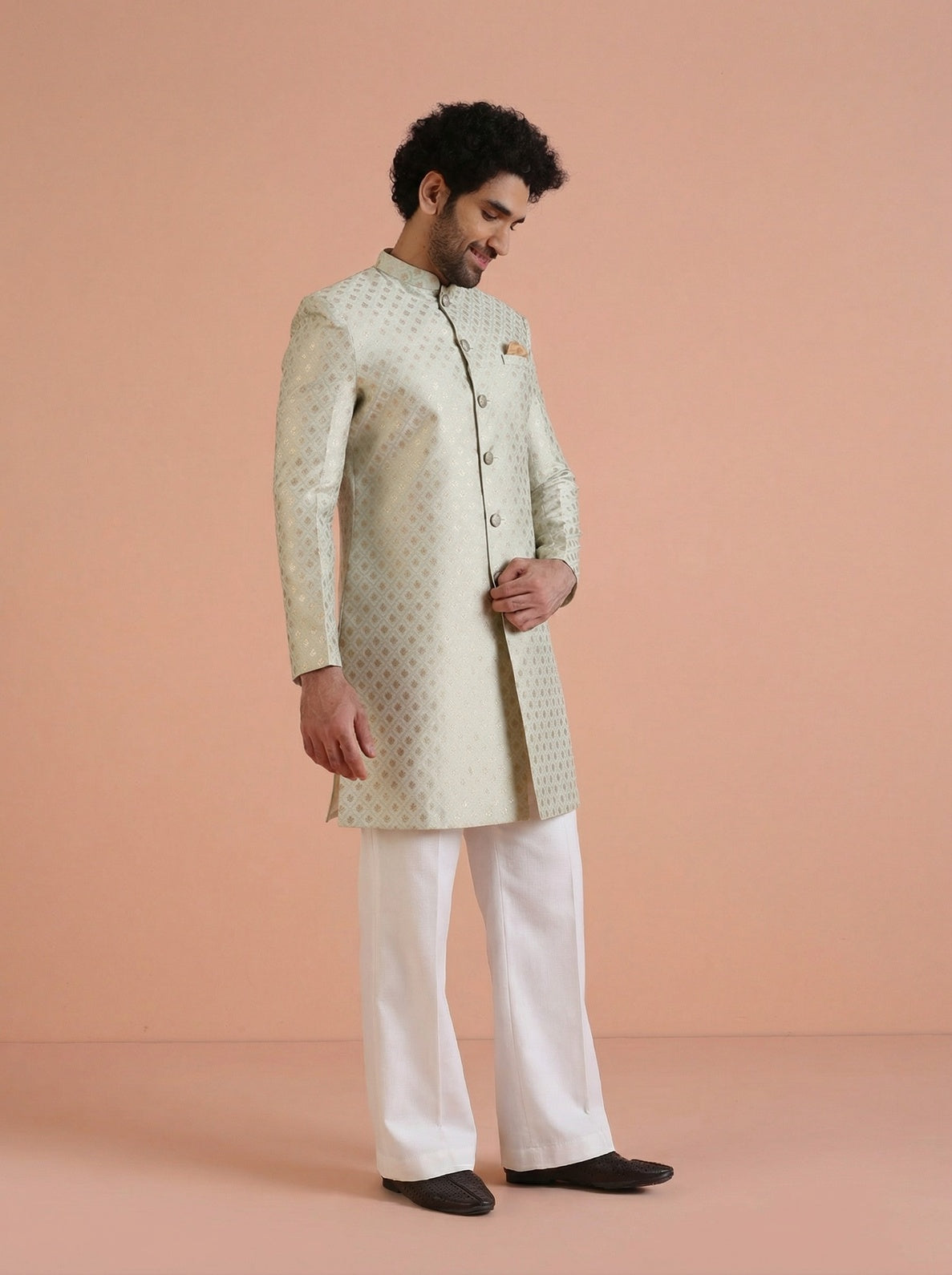 Mint Green Silk Blend Jacquard Sherwani Wide Leg Trouser Set