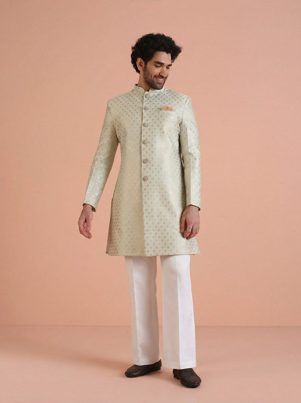 Mint Green Silk Blend Jacquard Sherwani Wide Leg Trouser Set