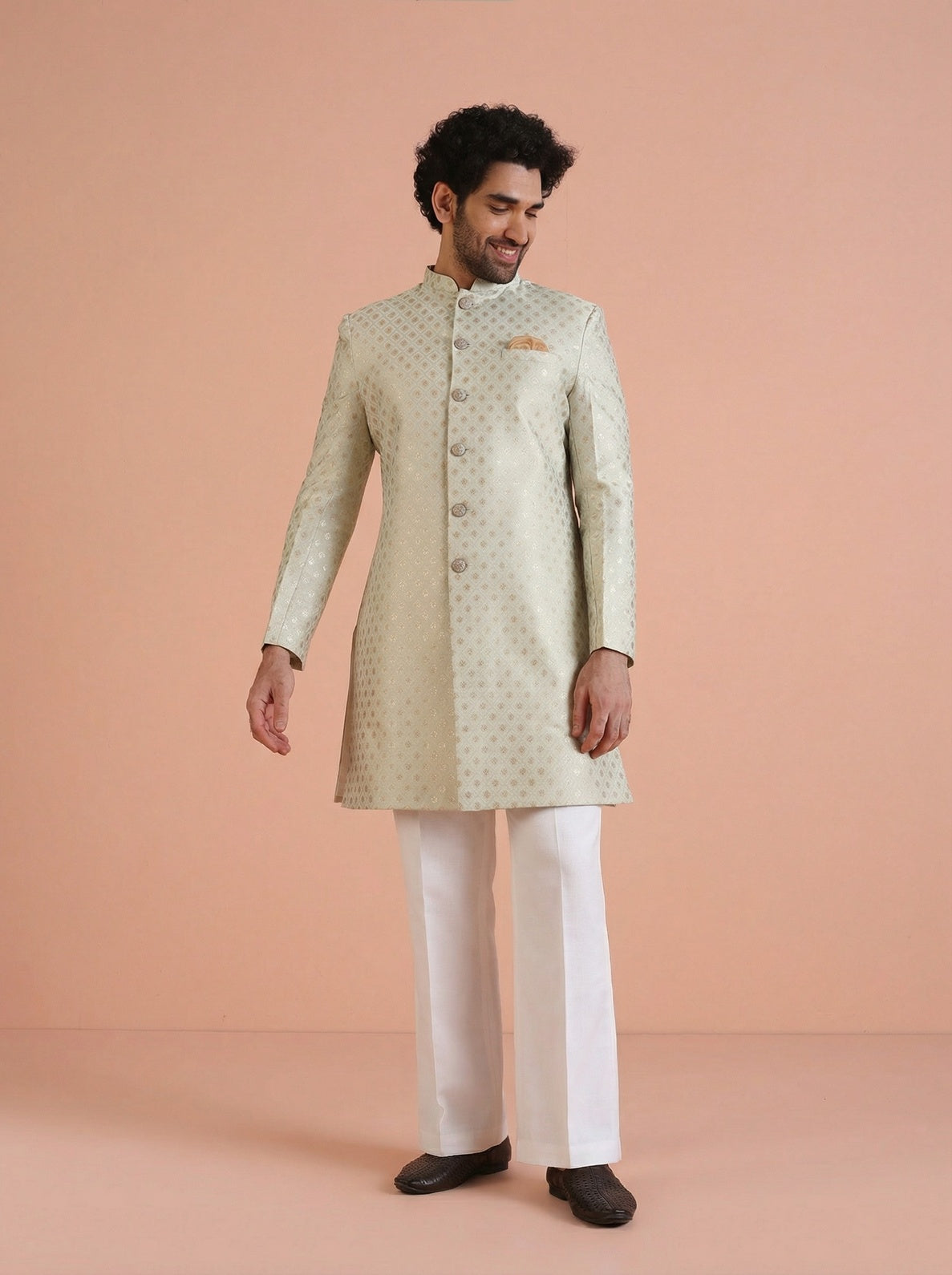 Mint Green Silk Blend Jacquard Sherwani Wide Leg Trouser Set