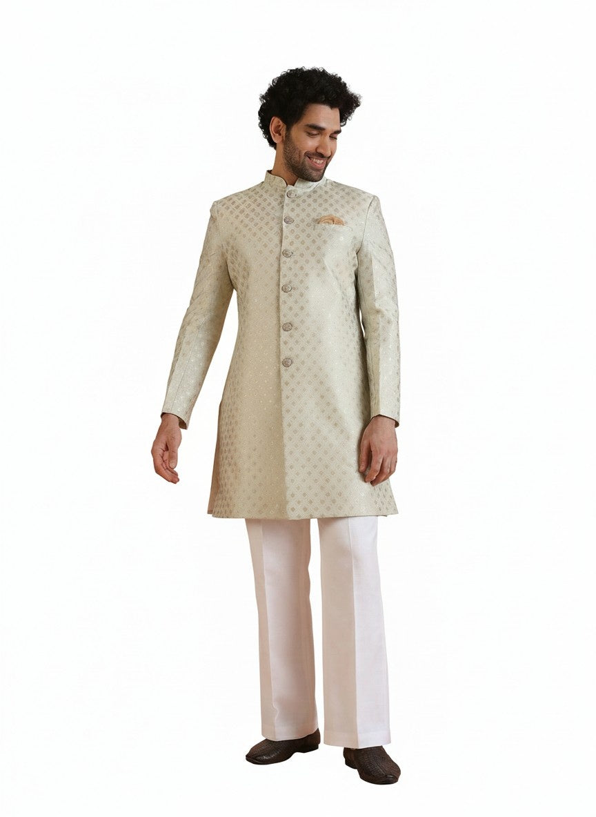 Mint Green Silk Blend Jacquard Sherwani Wide Leg Trouser Set