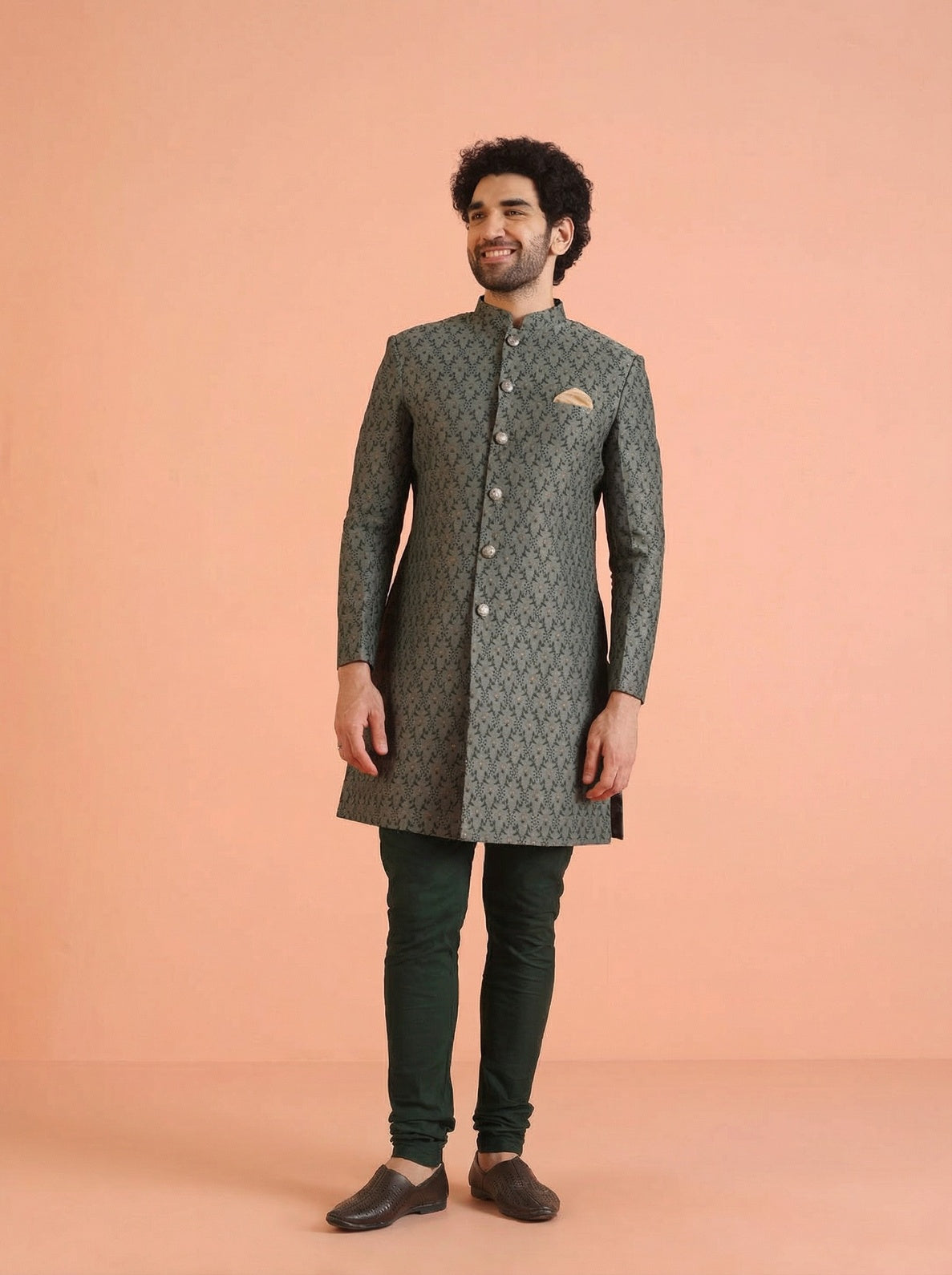 Sage Silk Blend Jacquard Sherwani Churidar Set