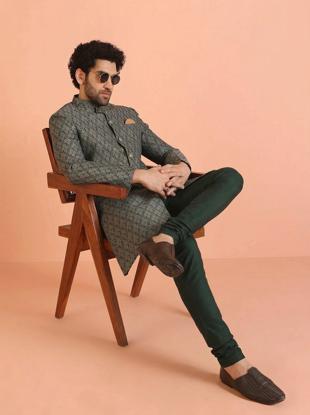 Sage Silk Blend Jacquard Sherwani Churidar Set