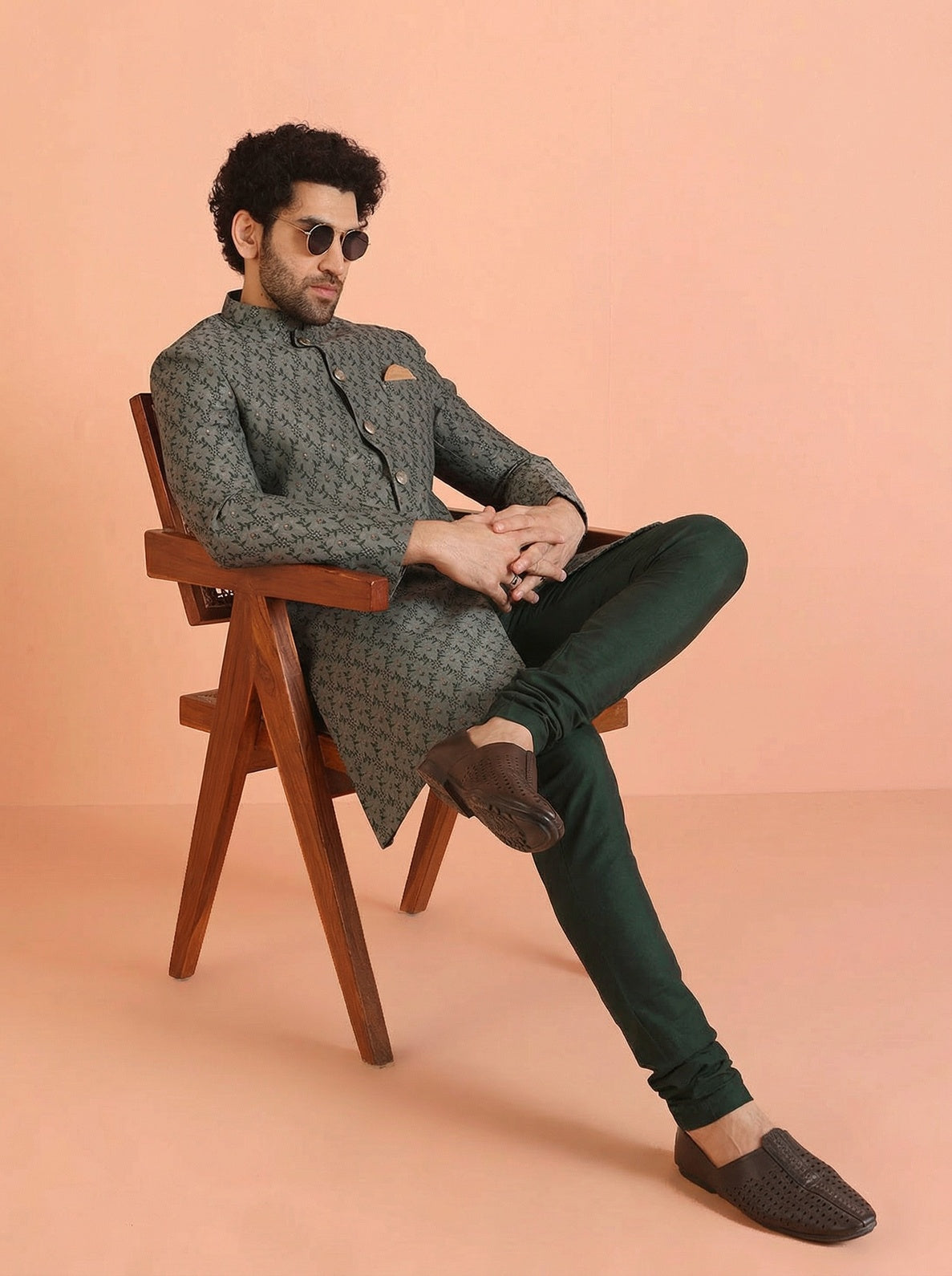 Sage Silk Blend Jacquard Sherwani Churidar Set