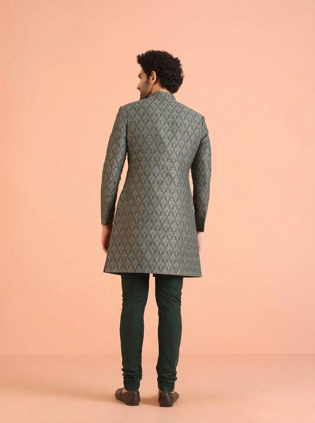 Sage Silk Blend Jacquard Sherwani Churidar Set