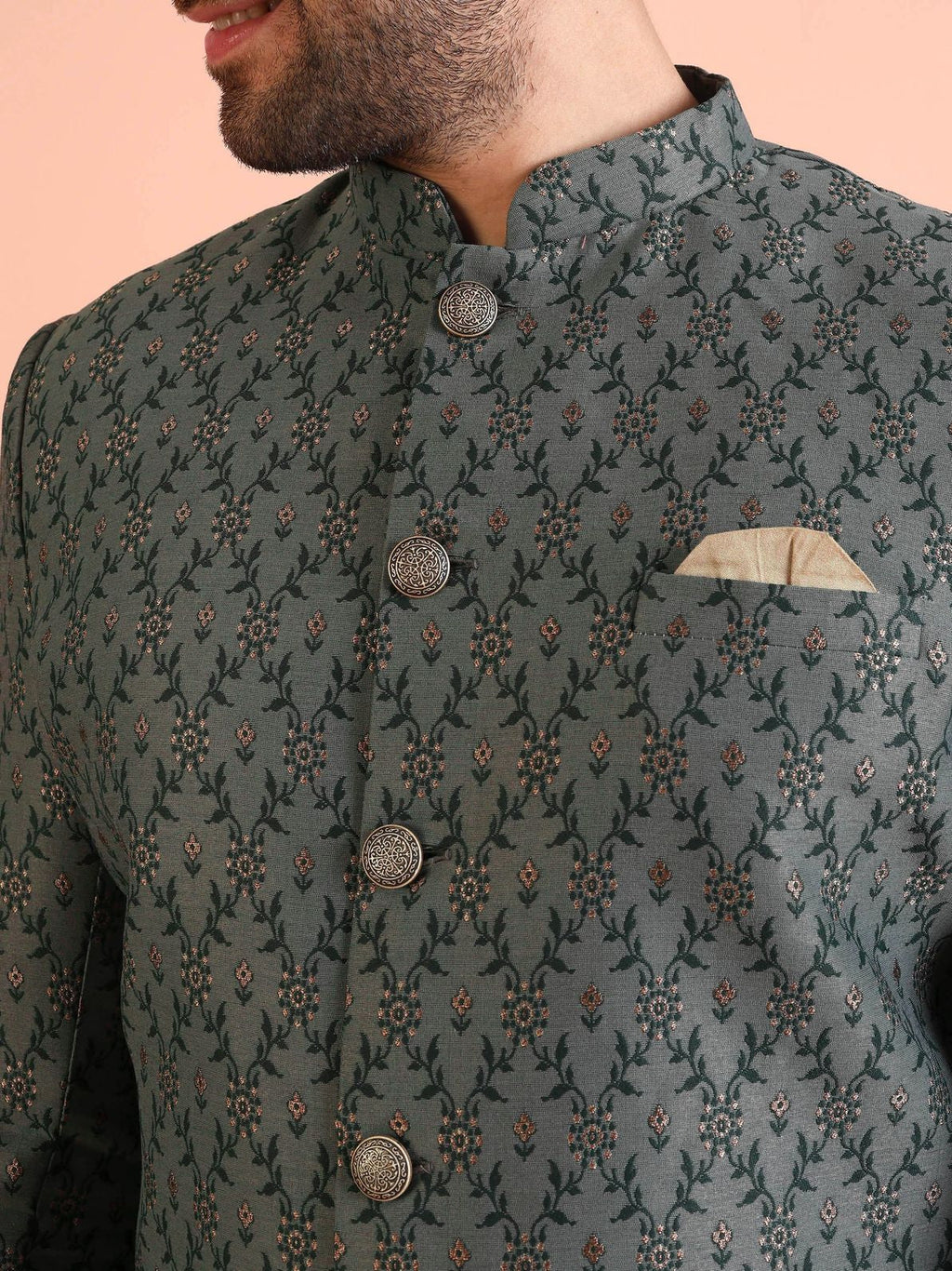 Sage Silk Blend Jacquard Sherwani Churidar Set