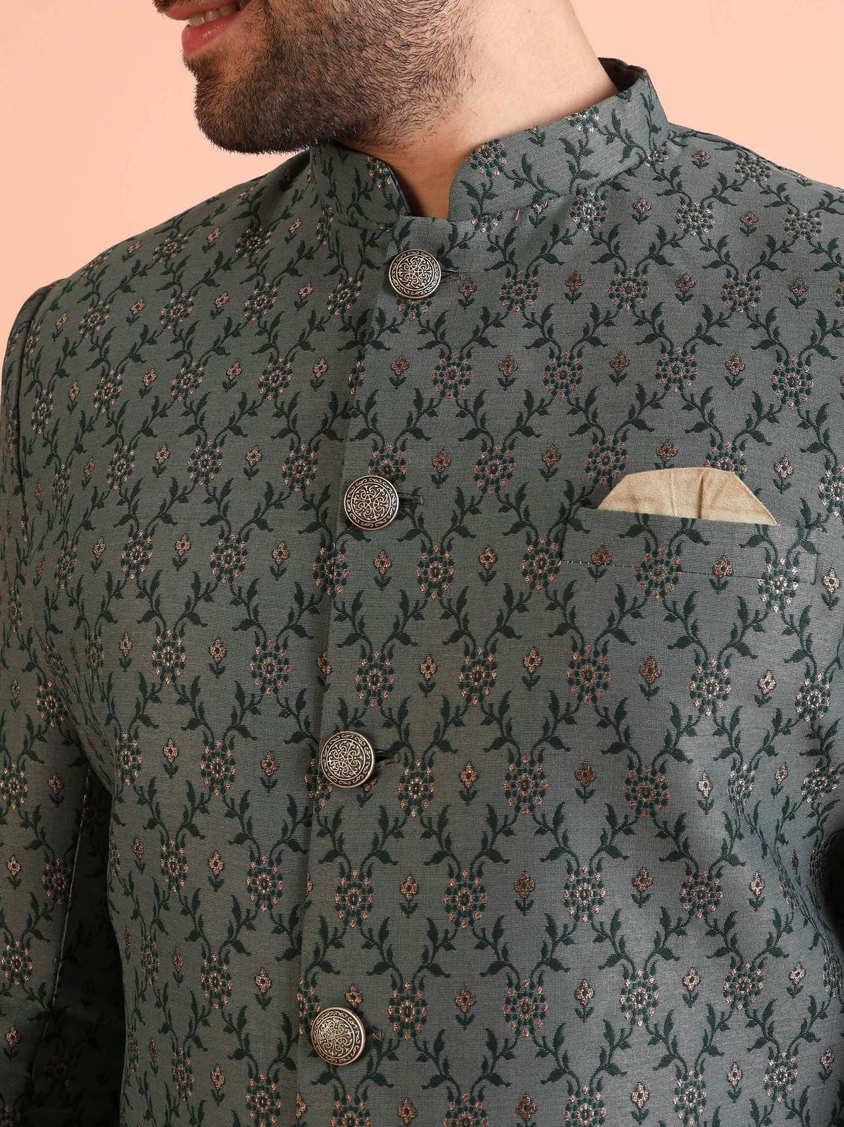 Sage Silk Blend Jacquard Sherwani Churidar Set