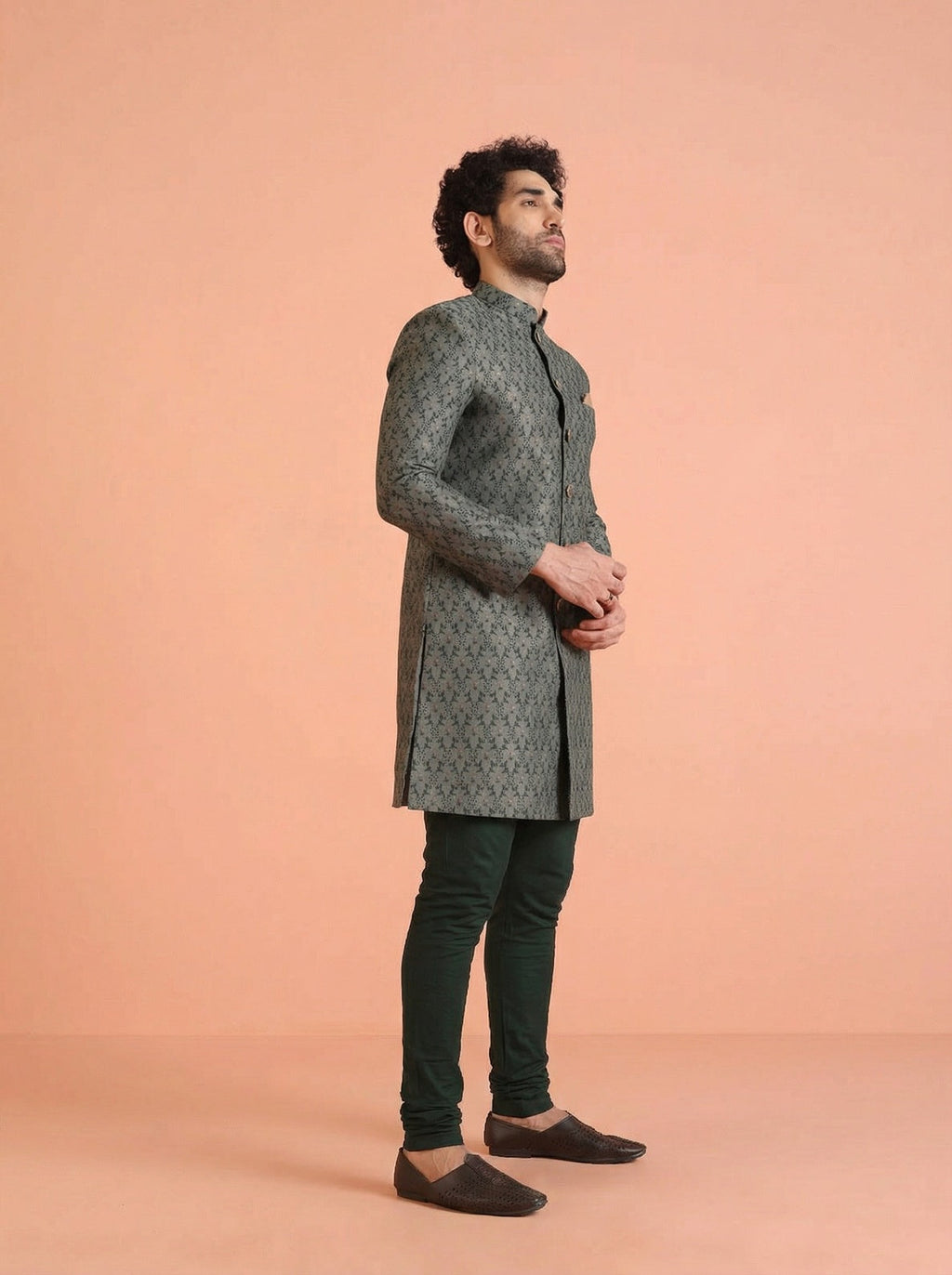 Sage Silk Blend Jacquard Sherwani Churidar Set