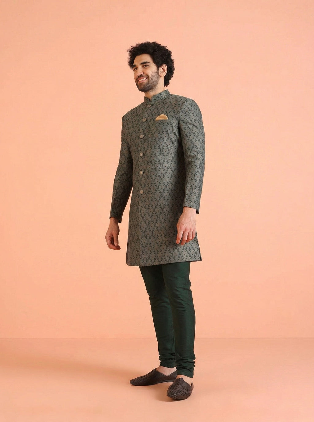 Sage Silk Blend Jacquard Sherwani Churidar Set