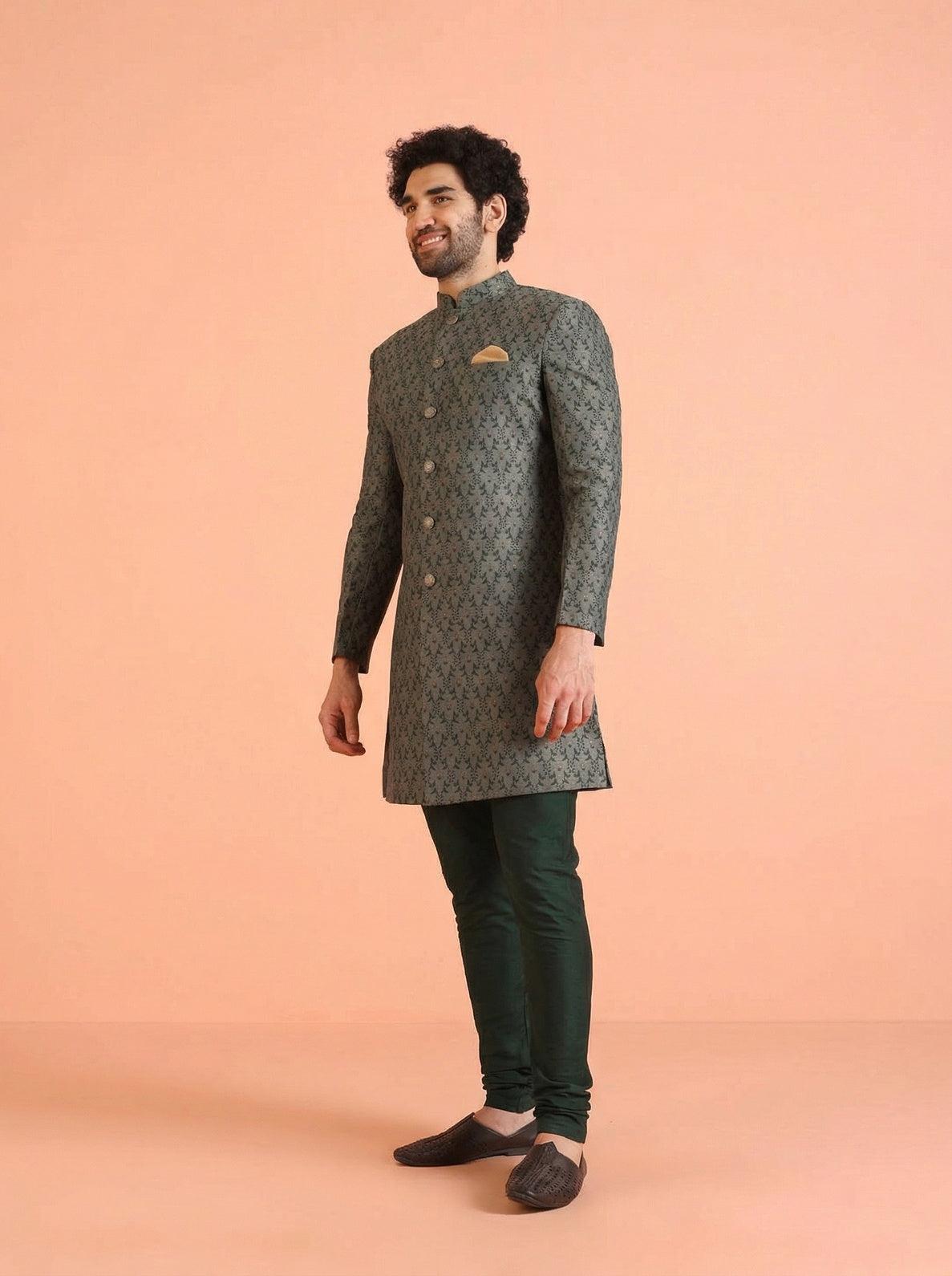Sage Silk Blend Jacquard Sherwani Churidar Set