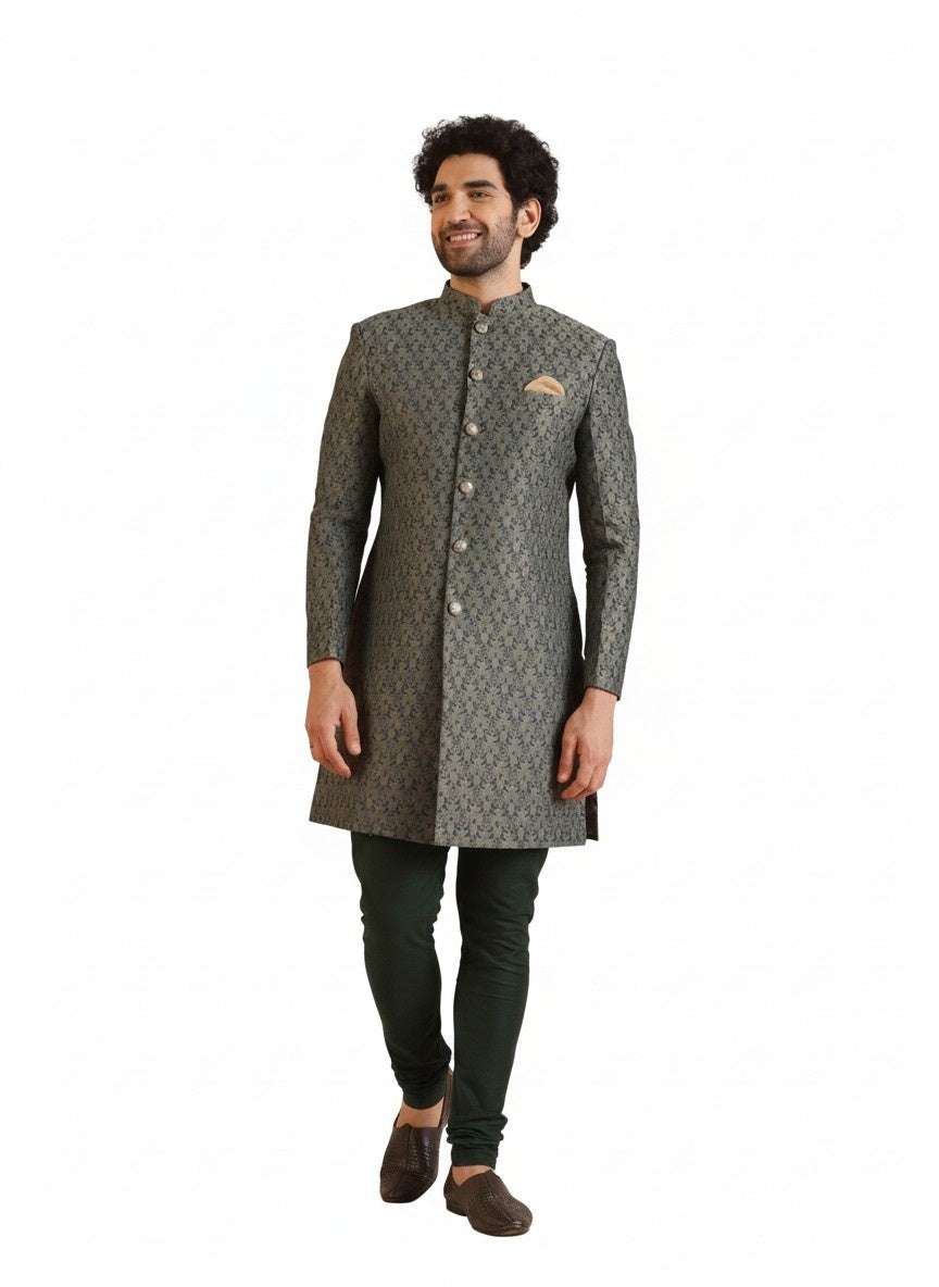 Sage Silk Blend Jacquard Sherwani Churidar Set