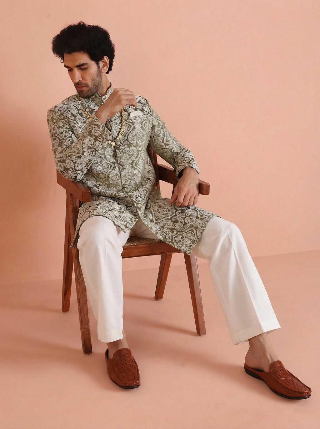 Olive Silk Blend Jacquard Sherwani Wide Leg Trouser Set