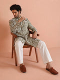 Olive Silk Blend Jacquard Sherwani Wide Leg Trouser Set