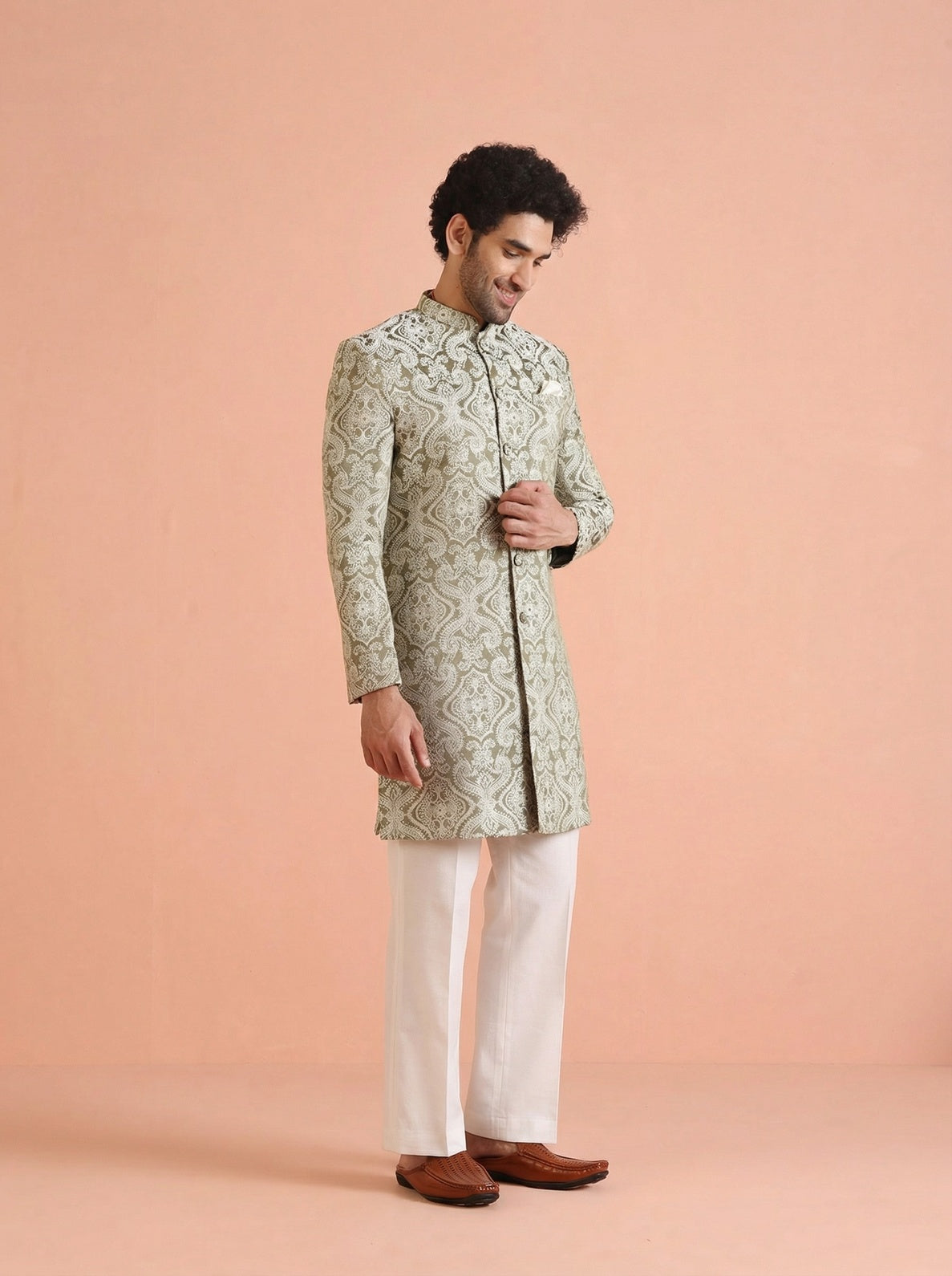 Olive Silk Blend Jacquard Sherwani Wide Leg Trouser Set