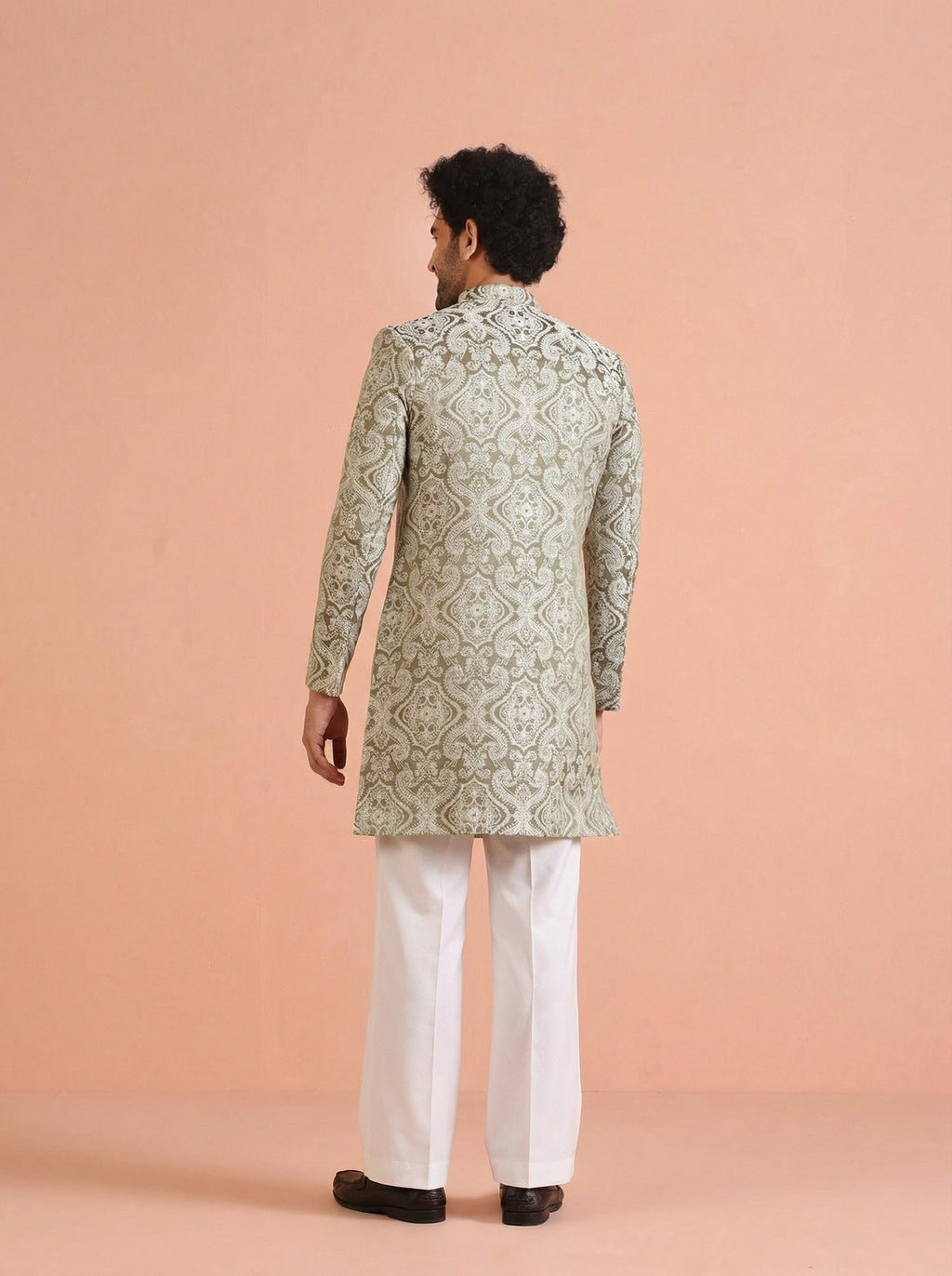 Olive Silk Blend Jacquard Sherwani Wide Leg Trouser Set