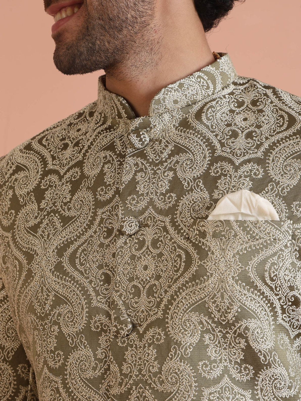 Olive Silk Blend Jacquard Sherwani Wide Leg Trouser Set