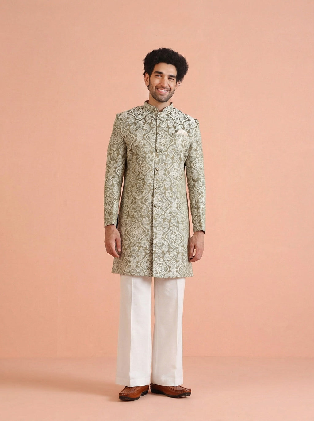 Olive Silk Blend Jacquard Sherwani Wide Leg Trouser Set