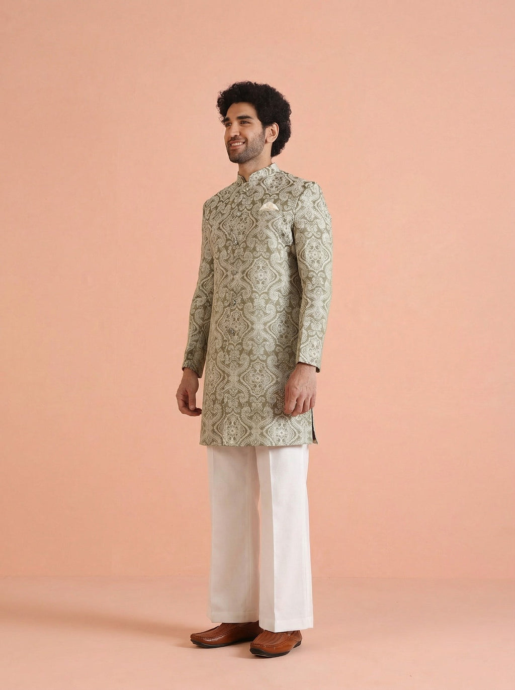 Olive Silk Blend Jacquard Sherwani Wide Leg Trouser Set