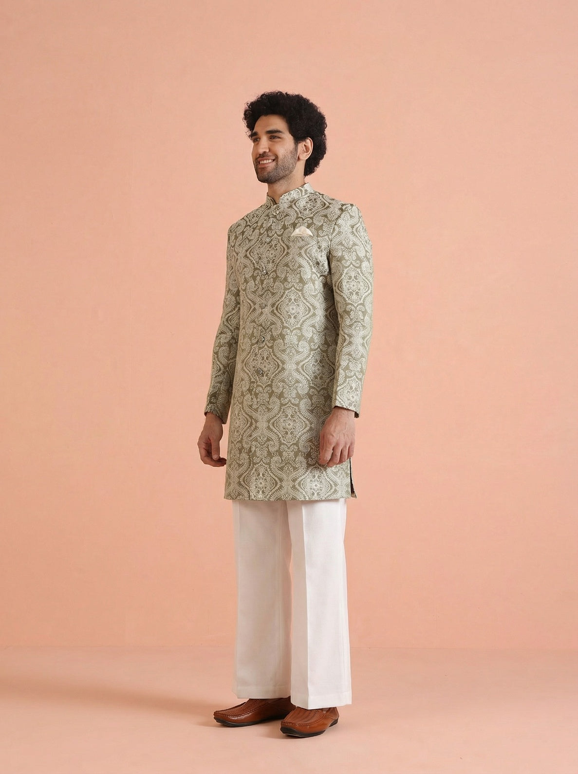 Olive Silk Blend Jacquard Sherwani Wide Leg Trouser Set