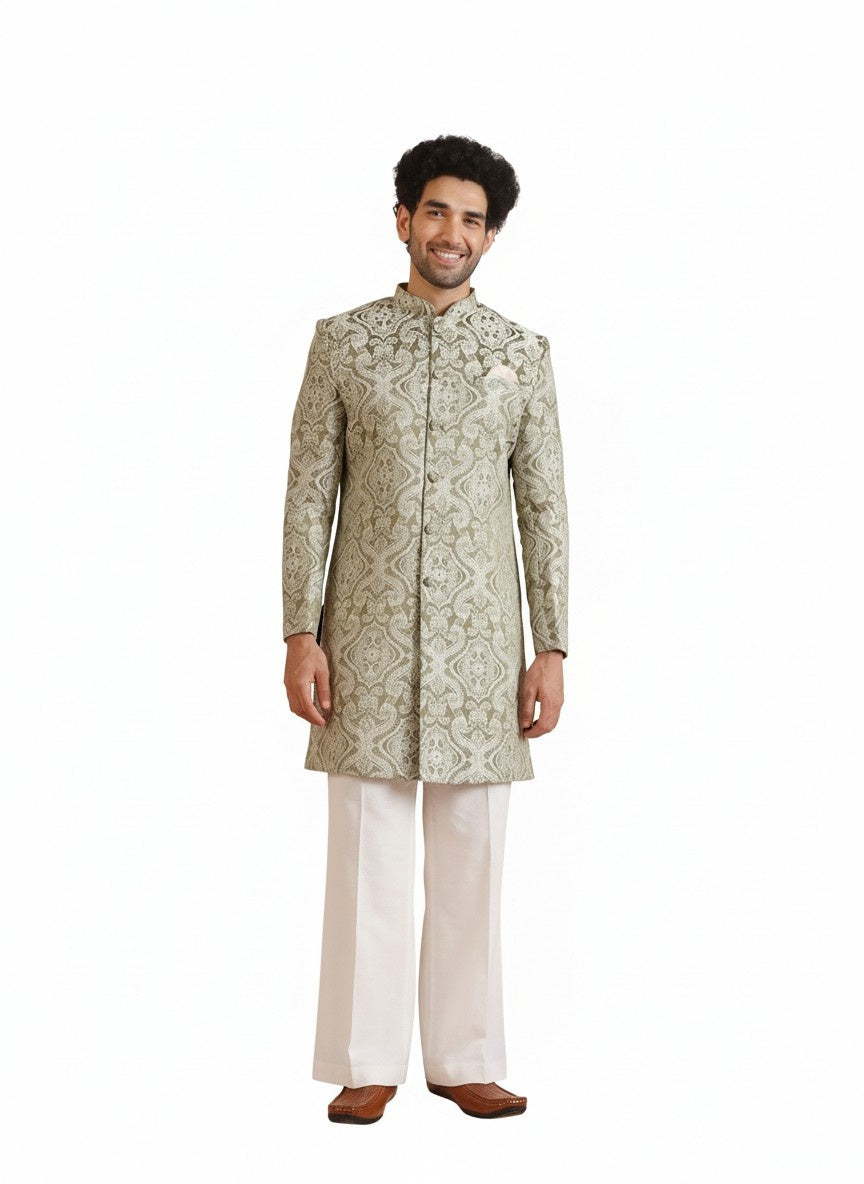 Olive Silk Blend Jacquard Sherwani Wide Leg Trouser Set
